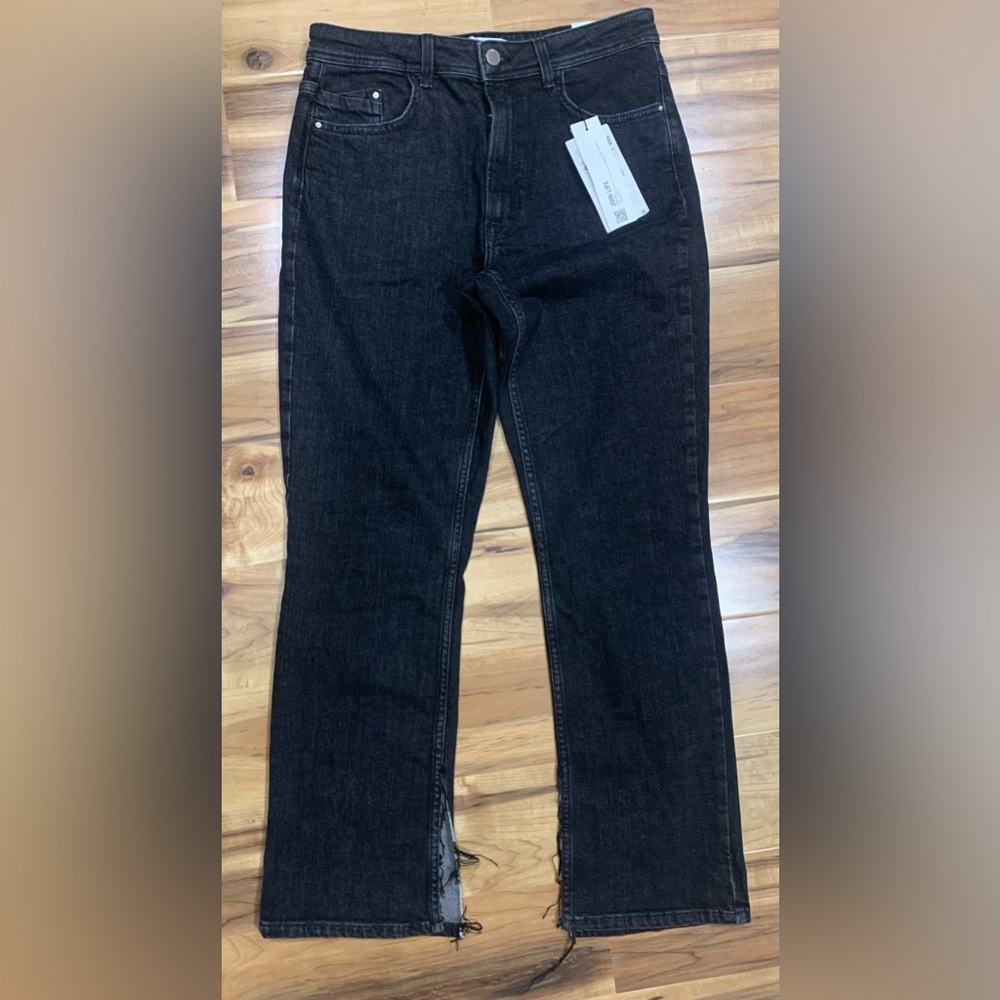 Zara High Rise Flare Fit Jeans Womens 10 Black Denim Pockets Side Slit Leg Blog